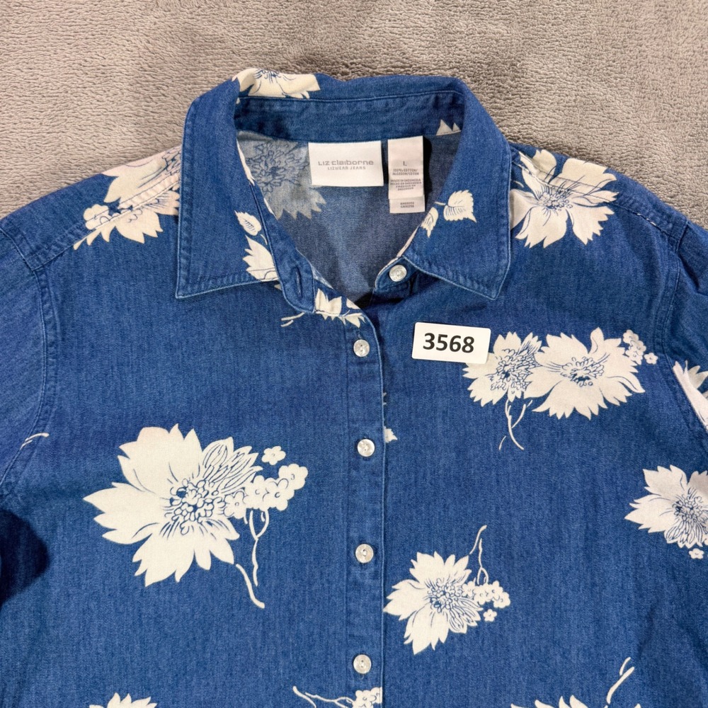 Liz Claiborne Button Down Shirt Womens L Blue Floral Denim Cotton‎ LWMU4815